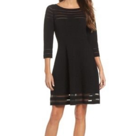 NWT Eliza J Black Mesh Striped Fit & Flare Sweater Knit Dress - M - Picture 3 of 15